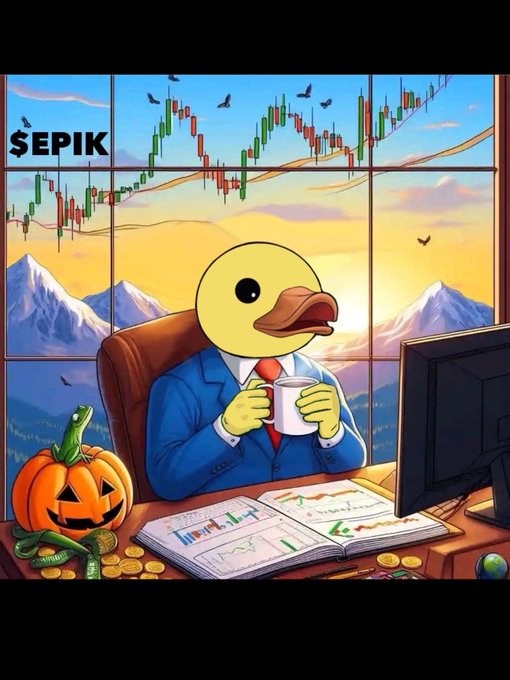 Cartoon duck mascot in a blue suit sitting at a desk with coffee, a jack-o'-lantern, coins, and chart books, with stock candlestick charts visible on the window behind; labeled '$EPIK'.