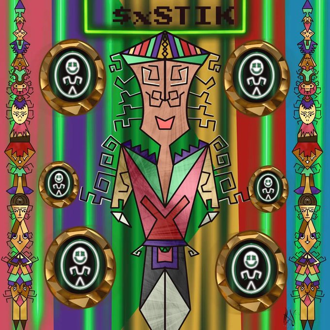 A colorful, geometric tribal-style digital illustration centered around a tall masked figure with totem pole characters along the sides and the text 'S*xSTICK' at the top.