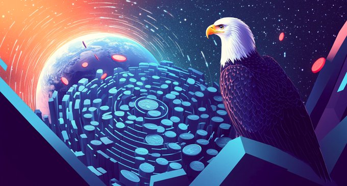 A digital illustration featuring a bald eagle overlooking a futuristic landscape with an Earth-like planet, geometric structures, and a starry sky.