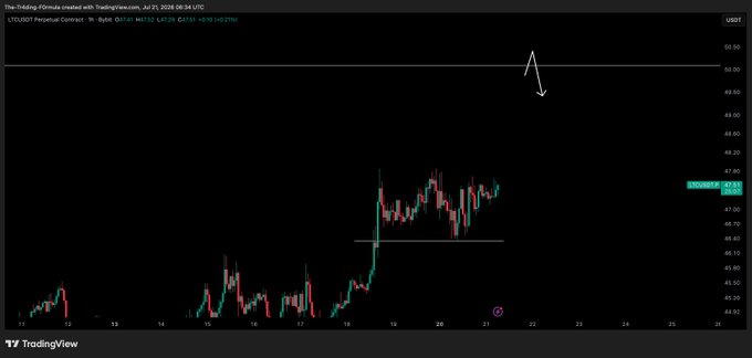 A TradingView 1-hour chart of Litecoin ($LTCUSD perpetual contract) showing recent price action climbing toward a key horizontal resistance level at $50, with an arrow annotation pointing to this target and the current price marked at 47.16, aligning with the post's bullish forecast that "$50 is incoming."