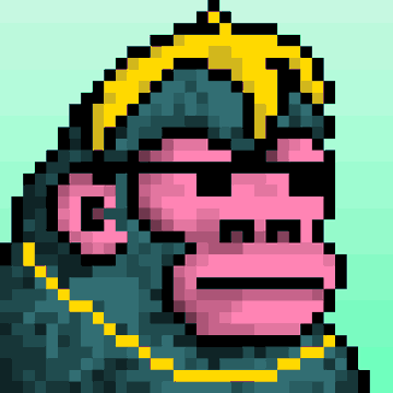 A pixel art portrait of a monkey wearing a gold crown and chain necklace against a teal background.
