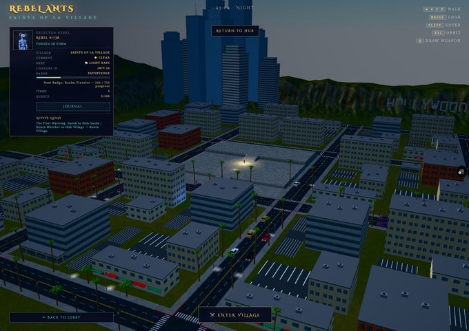 A screenshot from the game 'Rebelants' showing a 3D city view with a selected rebel rebel named 'Kyrie' and a quest to free villagers.