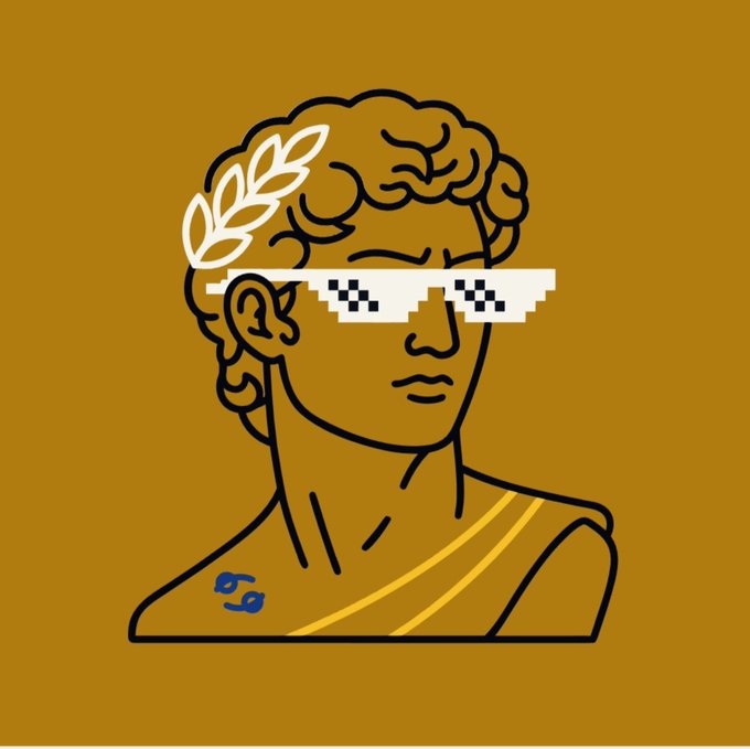 A stylized illustration on a mustard-yellow background depicts a Greco-Roman bust wearing pixelated 'thug life' sunglasses and a white laurel wreath in its curly hair.