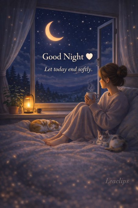 The image features a woman sitting on a bed with two cats next to her. The scene takes place at night, with a view of the moon through an open window. There are also some plants near the window that add to the cozy atmosphere. The caption below the image reads "Good Night! Let today endselfully." This message is written in white text and is centered above the woman sitting on the bed.