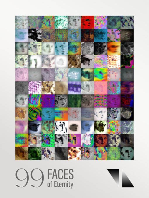 A poster or book cover titled '99 FACES of Eternity' showing a grid of many small, colorful, distorted face images.