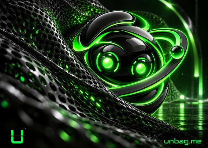An abstract digital art piece featuring glowing green and black metallic shapes resembling an alien or robotic face on a perforated background, with the 'unbag.me' logo in the bottom right corner.