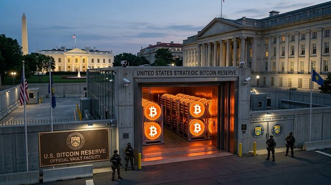 The image shows a fortified "United States Strategic Bitcoin Reserve" vault facility located near the White House, with armed guards stationed outside and glowing Bitcoin symbols stacked inside the secure entrance. A sign reads "U.S. Bitcoin Reserve - Official Vault Facility," reinforcing the post's point about the House advancing legislation to create a government-held Bitcoin stockpile.