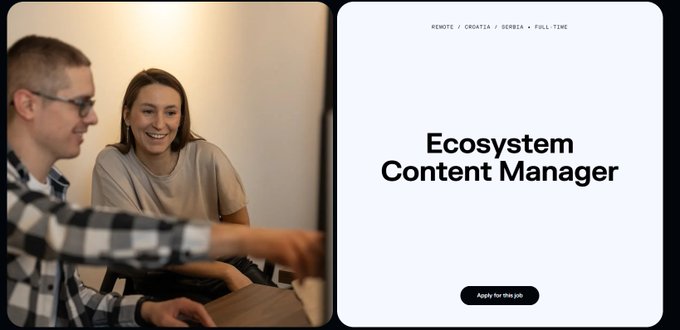 A job listing webpage showing two people working at a computer alongside text reading 'REMOTE / CROATIA / SERBIA - FULL-TIME' for an 'Ecosystem Content Manager' position with an 'Apply for this job' button.