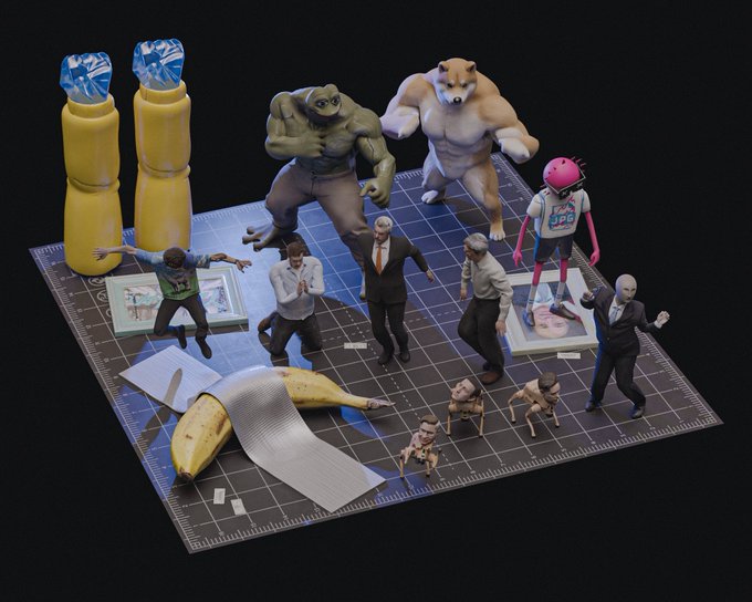 A collection of various 3D figurines, including Shiba Inus, men in suits, Spider-Man, and rubber ducks, arranged on a gridded cutting mat alongside a banana and silver chain.