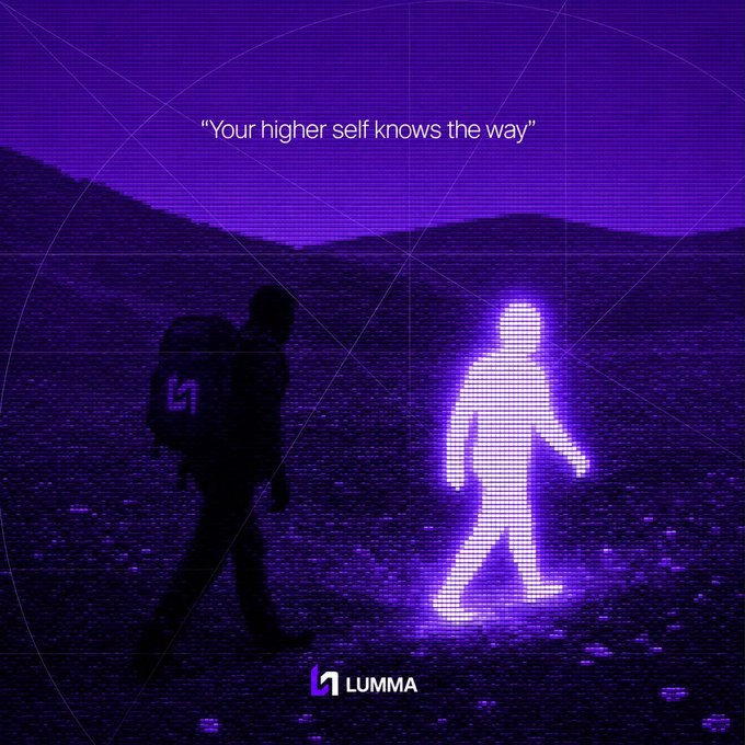 A purple-toned digital art image showing a silhouetted hiker facing a glowing white figure, with the text 'Your higher self knows the way' and a 'LUMMA' logo.