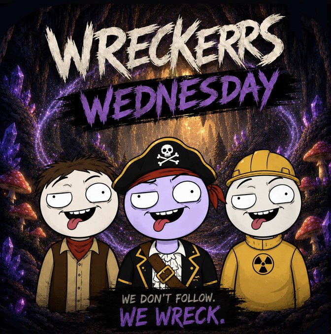 An illustrated poster for 'WRECKERRS WEDNESDAY' features three cartoon characters—a cowboy, a pirate, and a hazmat worker—against a glowing cave background, with the tagline 'WE DON'T FOLLOW. WE WRECK.'