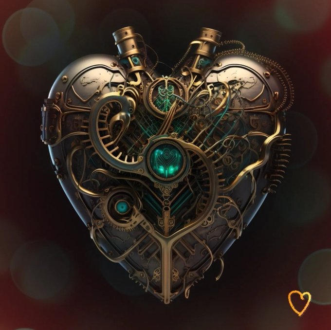 A steampunk-style mechanical heart made of brass gears and metal plates with glowing teal-green accents, with a small hand-drawn heart in the bottom right corner.