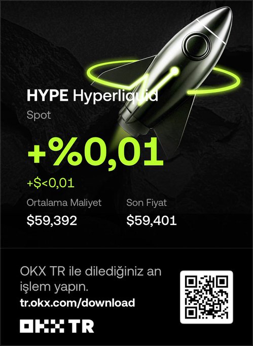 A promotional ad from OKX TR featuring a silver rocket with green light trails, highlighting a spot trade PnL card for "HYPE Hyperliquid" showing a +%0.01 gain ($+0.01), with an average cost of $59,392 and a final price of $59,401, alongside a QR code linking to tr.okx.com/download. This corresponds to the Turkish post announcing that OKX Turkey now offers a PnL card feature for spot traders (not just futures), allowing spot market users to share their trading results in a stylish graphic format.
