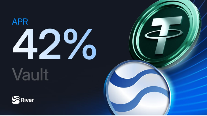 Promotional graphic for River showing an 'APR 42% Vault' with green Tether (USDT) and blue/white River cryptocurrency coins against a dark background.