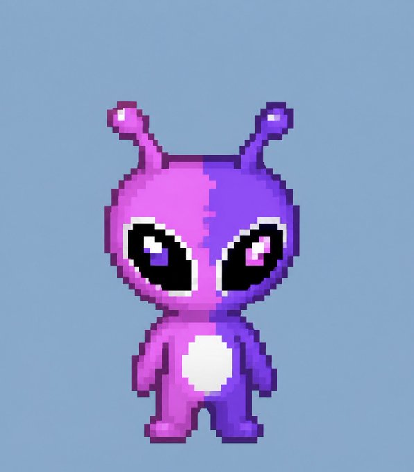 A pixel art illustration of a cute purple alien-like creature with antennae and large eyes, standing against a light blue background.