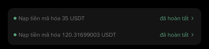Dark-themed mobile app screenshot in Vietnamese showing two completed cryptocurrency deposits: 'Nạp tiền mã hóa 35 USDT' and 'Nạp tiện mã hóa 120.31699003 USDT', both marked as 'đã hoàn tất' (completed).
