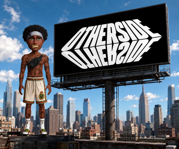 A 3D-rendered scene of a cartoon character with tattoos wearing shorts standing next to a large billboard reading "OTHERSIDE" in stylized text, set against a city skyline backdrop.
