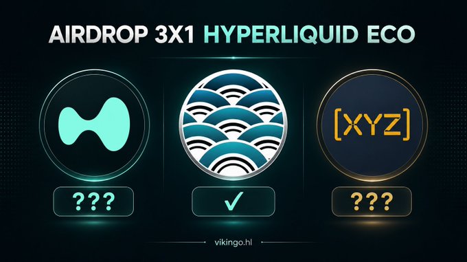 The image promotes an "AIRDROP 3X1 HYPERLIQUID ECO" with three tokens displayed: an unnamed project (???), Hyperliquid (✓), and Kinetiq (XYZ), created by viking.hl to highlight Kinetiq as a top airdrop opportunity in the Hyperliquid ecosystem, aligning with the post's claim that $KNTQ has been the best-performing token since TGE.