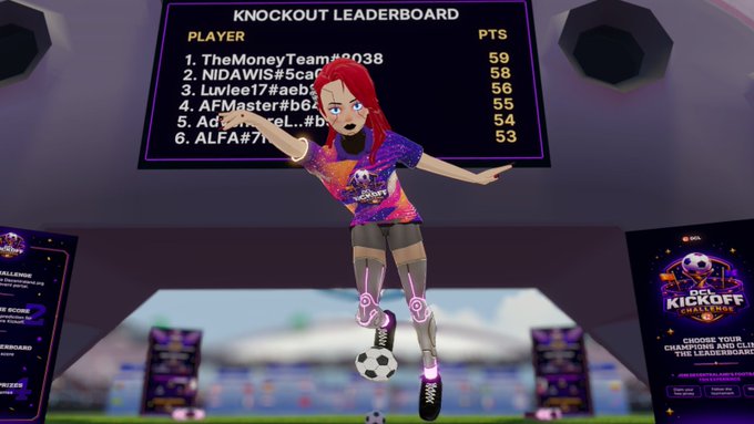 A 3D avatar with red hair and a sports jersey celebrating in front of a 'KNOCKOUT LEADERBOARD' displaying top players like TheMoneyTeam#9038 with 59 points, in what appears to be a virtual football game environment.