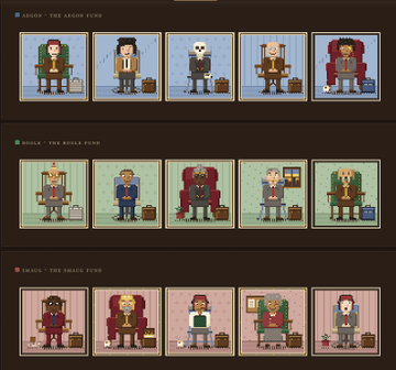 Pixel art shows various characters seated in different colored chairs, organized into sections like 'THRONE FUND', 'THE BIRDIE FUND', and 'THE EAGLE FUND'.