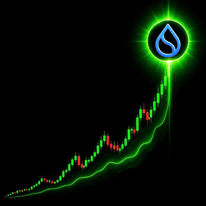 A cryptocurrency candlestick chart displays a strong upward trend in green, topped with a glowing blue Sui (SUI) token logo radiating green light.