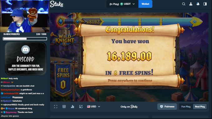 A streamer's victory screen on Stake displays "Congratulations! You have won 16,189.00 in 8 free spins!" on a slot game, accompanying their post celebrating a winning day where they plan to tip viewers for engagement.