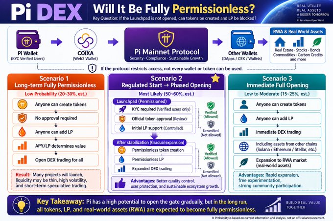 This infographic titled "Pi DEX — Will It Be Fully Permissionless?" outlines three potential scenarios for Pi Network's decentralized exchange, accompanied by the post's argument for Scenario 2.

**Top Section:** Shows the flow from Pi Wallet (KYC Verified Users) → COIXA (Web3 Wallet) → Pi Mainnet Protocol (Security, Compliance, Sustainable Growth) → Other Wallets (DApps/DEX/Wallets) → RWA & Real World Assets (Real Estate, Stocks, Bonds, Commodities, Carbon Credits). The key question states: "If the Launchpad is not opened, can tokens be created and LP be blocked?" Branded by "REAL UTILITY REAL ASSETS A BIGGER TOMORROW."

**Scenario 1 — Long-term Fully Permissionless (Low Probability 20-30%):** Anyone can create tokens with no approval, anyone can add LP, APY/LP determines value, and Open DEX trading for all, resulting in many projects launching
