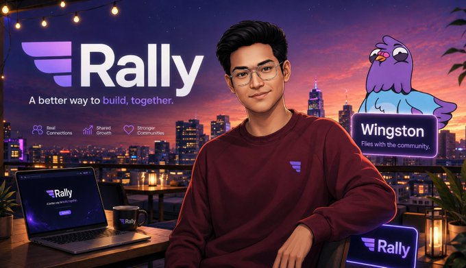 The image features a man wearing glasses sitting at a desk with a laptop computer open in front of him, possibly working or browsing the internet. The background shows a city skyline under a purple sky, creating an urban atmosphere. There are two signs on the wall behind the man, one reading "Wingston" and another stating that he is a member of the community.