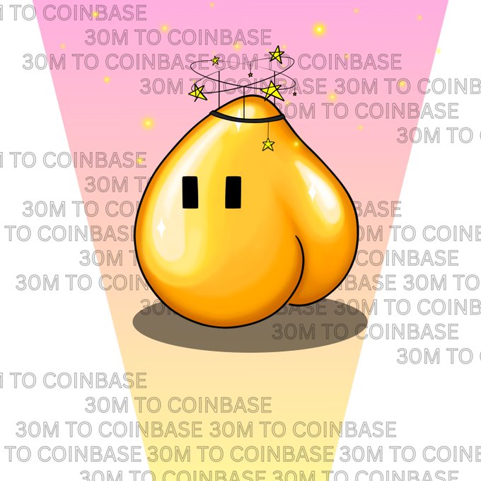 A digital graphic featuring a 3D golden pear-like character with stars circling its head, surrounded by the repeating text "30M TO COINBASE" on a light pink and white background.