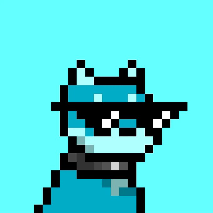 A pixel art illustration of a cyan dog wearing sunglasses and a dark collar on a turquoise background.