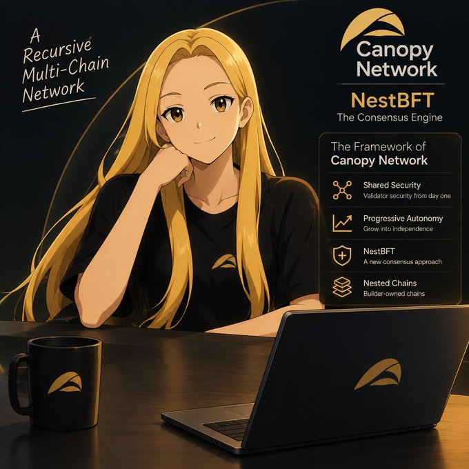 An anime-style illustration of a blonde woman at a laptop promoting 'Canopy Network' and 'NestBFT: The Consensus Engine' with feature icons for Shared Security, Progressive Autonomy, and Nested Chains.