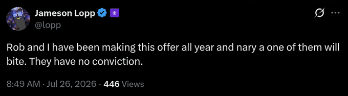 A screenshot of a tweet from Jameson Lopp (@lopp) posted at 8:49 AM on July 26, 2026, reading: 'Rob and I have been making this offer all year and nary a one of them will bite. They have no conviction.'