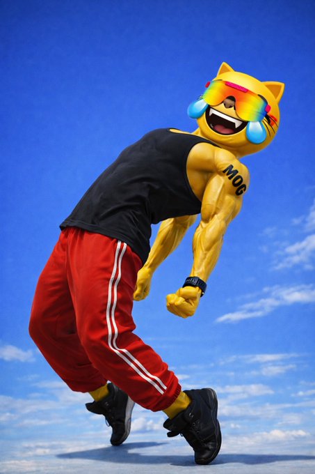 A 3D rendered muscular cat character wearing rainbow sunglasses, a black tank top with 'MOB' on the arm, and red track pants posing against a cloudy blue sky.
