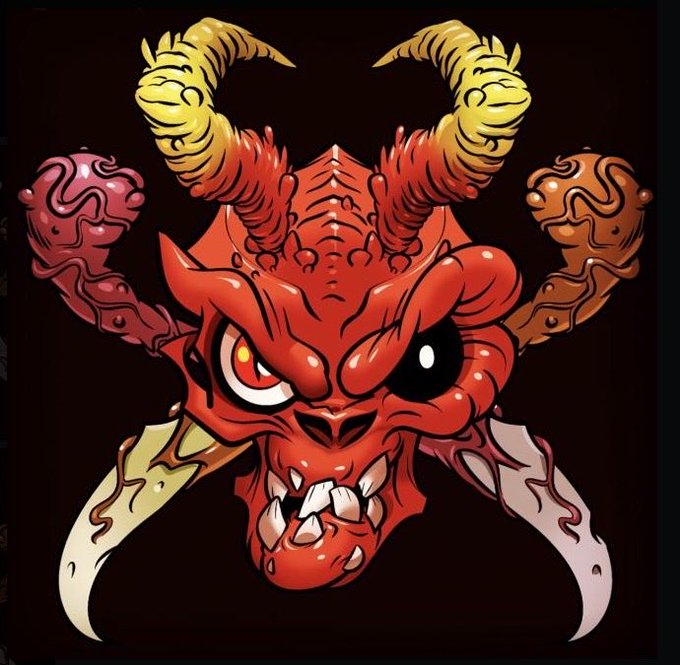 A stylized red demon or oni mask illustration with yellow and pink curd-like horns, mismatched eyes, and crossed curved blades behind it.
