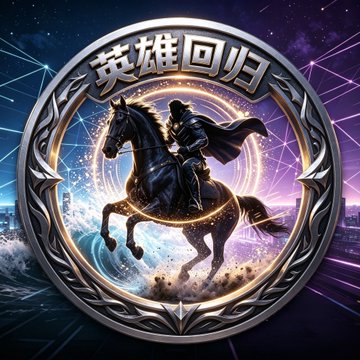 A fantasy-style circular emblem featuring a knight on horseback against a cosmic background, with Chinese characters '英雄回归' (Hero's Return) at the top, set against a purple starry sky with waves.