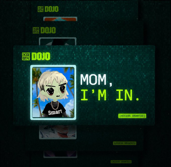 A dark green digital graphic from KEKENDOJO featuring a card-style image of a stylized chibi character wearing a shirt that says "Smart", accompanied by the text "MOM, I'M IN." and an "[ACCESS GRANTED]" tag.