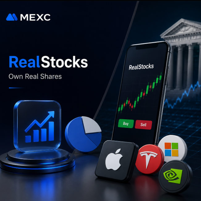 A MEXC promotional graphic showcasing their "RealStocks - Own Real Shares" feature, displaying a smartphone with a stock trading chart, Buy/Sell buttons, and icons for major companies like Apple, Tesla, and Microsoft, set against a backdrop featuring classical columns and a glowing growth chart.