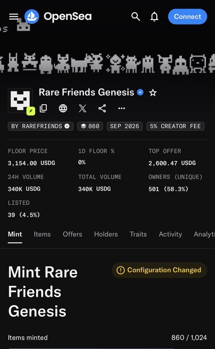 A screenshot of an OpenSea NFT collection page for "Rare Friends Genesis" shows a floor price of 3,154.00 USDG, 860 items minted out of 1,024, and 501 unique owners.