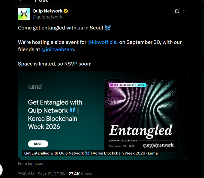 A Twitter/X post from Quip Network (@quipnetwork) inviting followers to 'Come get entangled with us in Seoul' for a Korea Blockchain Week side event on September 30.