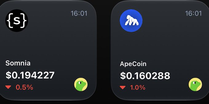 Two crypto price widgets on a black background: Somnia at $0.194227 (down 0.5%) and ApeCoin at $0.160288 (down 1.0%), both timestamped 16:01.