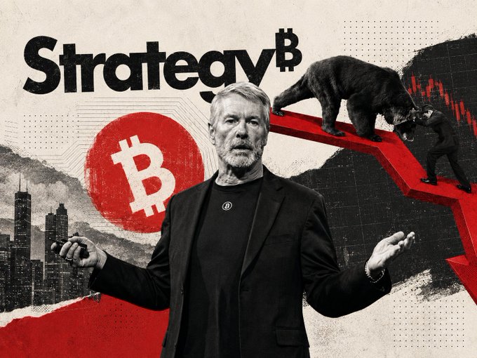 A black-and-white image features a bearded man in a black blazer gesturing with open hands against a graphic background containing the word 'Strategy' with a Bitcoin '₿' logo, a red circle Bitcoin symbol, a red downward-trending arrow, a bear, and a small figure pushing against the bear.