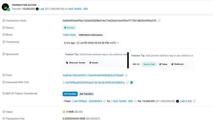 A blockchain transaction record showing a successful transfer of 10,000,000 LAB tokens (valued at $11,300,000) to a null address, with details including the transaction hash, block number, and a 54003 block confirmation status.