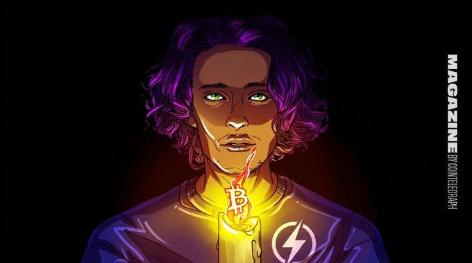 A digital illustration shows a man with purple hair holding a Bitcoin symbol, accompanied by the text 'MAGAZINE BY YOUNGLEORAPH'.