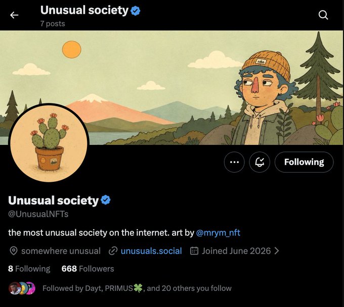 A Twitter/X profile for "Unusual society" (@unusualNFTs) showing illustrated artwork of a person in a beanie outdoors with mountains and a cactus, bio: "the most unusual society on the internet. art by @mrym_nft" with 668 followers.