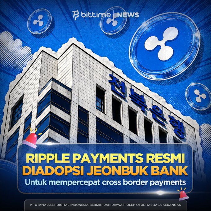 The image is a promotional graphic from Bittime News announcing that Ripple Payments has been officially adopted by Jeonbuk Bank to accelerate cross-border payments. It features the Jeonbuk Bank building alongside floating XRP cryptocurrency logos against a blue sky background, with the headline "RIPPLE PAYMENTS RESMI DIADOPSI JEONBUK BANK" and a regulatory disclaimer from Indonesia's OJK at the bottom, visually reinforcing the post's news about this partnership as the first South Korean regional bank to implement Ripple's technology.