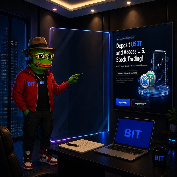 An anthropomorphic Pepe frog wearing a red BIT jacket, fedora, and glasses points to a screen advertising 'Deposit USDT and Access U.S. Stock Trading!' with BIT branding on a laptop and mug nearby.