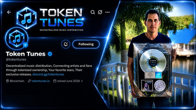 Twitter/X profile page for Token Tunes (@tokentunes), a decentralized music distribution platform, showing a photo of a man holding a framed Lil Wayne commemorative record plaque.