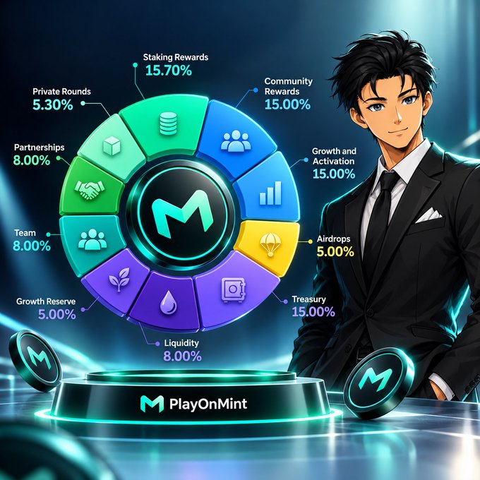 A promotional graphic for 'PlayOnMint' featuring an anime-style man in a suit next to a colorful token allocation wheel showing categories like Staking Rewards 15.70%, Community Rewards 15.00%, and Treasury 15.00%.