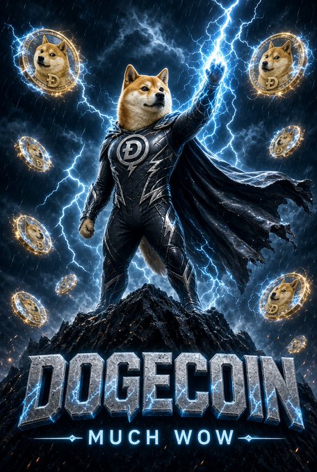 A digital illustration depicts a Shiba Inu dog dressed as a superhero in black armor with a 'D' emblem, raising its fist amid lightning and floating Dogecoin coins, with bold text reading 'DOGECOIN' and 'MUCH WOW'.
