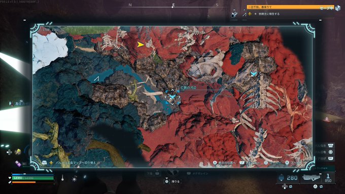The image shows a video game map interface displaying a red-tinted terrain with creature locations marked, including a "Dog Wolf" (C型犬狗) marker, suggesting the gameplay location where Dogecoin farming occurs. The overlay includes various UI elements like a compass (N/E/S/W), a level indicator (Lv 31), and resource stats (280, 1, 050), which align with the post's context of efficient in-game farming using specific equipment (Crematio and Shin'en-o) to collect 450-500 coins per drop from Mimie Dog.